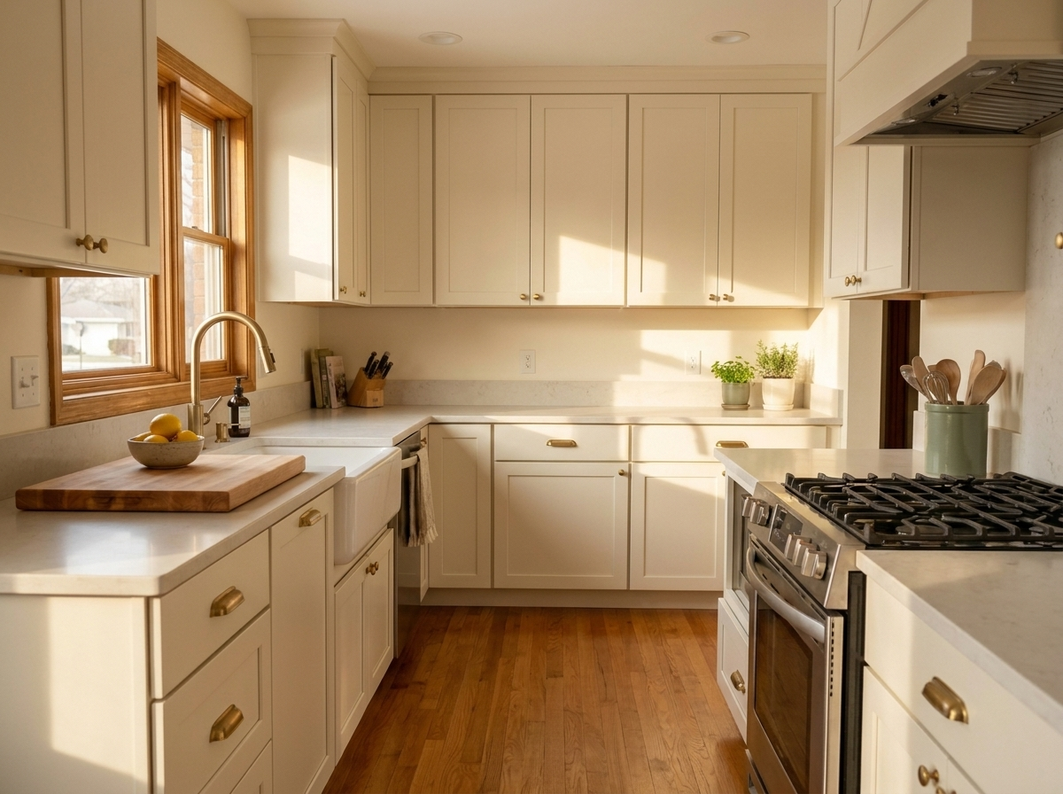 A kitchen with clear counters, a wiped range, and a swept oak floor